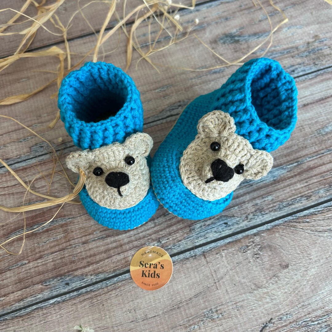 Handmade Crochet Blue Bear Baby Booties | Cotton Newborn Gift - Etsy