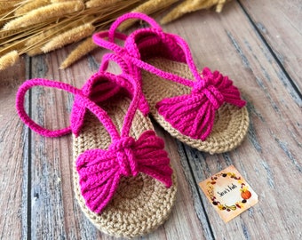 Handmade Cute Baby Girl Crochet Summer Sandals, Soft Girl Dressy Baby Shoes, Summer Baby First Gift