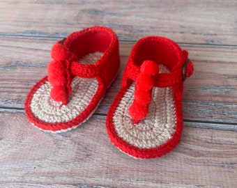 Handmade Custom Baby Red Sandals, Cute Baby Girl Crochet Summer Sandals, Soft Sole Baby Sandals