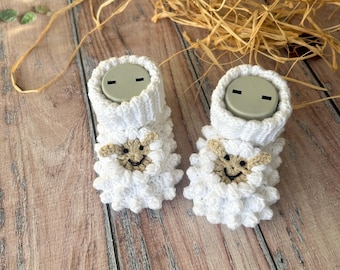 Weißes kleines Lamm häkeln Booties für Baby, Kindertierschuhe, Erst Ostern, Unisex Booties, Winterstiefel