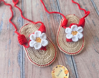 Handmade Crochet Baby Sandals: Red Boho Flip Flops With Daisy