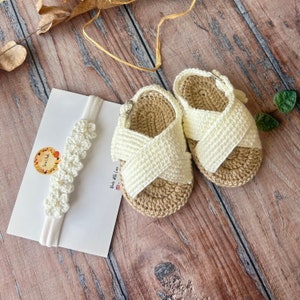 Crochet Soft Girl Baby White Shoes with Headband, Custom Summer Baby Sandals, Baby Baptism Gift Girl
