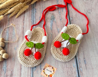 Handmade Cute Baby Girl Crochet Sandals, Newborn Cherry Girl Baby Shoes, Soft Baby Summer Sandals