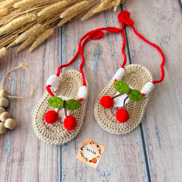 Handmade Cute Baby Girl Crochet Sandals, Newborn Cherry Girl Baby Shoes, Soft Baby Summer Sandals