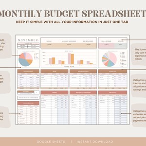 May include: A brown and pink monthly budget spreadsheet template for Google Sheets. The spreadsheet includes charts, tables, and sections for income, expenses, savings, and investments. The template is designed to help users track their finances and stay on budget.