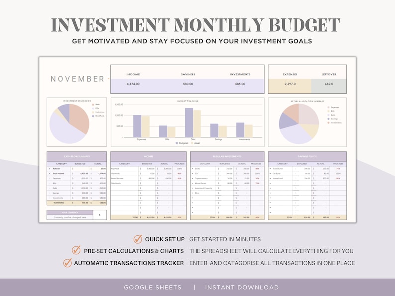 Investment Budget Template: Monthly Finance Tracker for Google Sheets ...