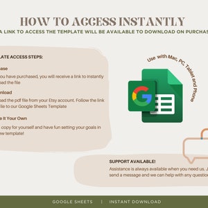 K&ouml;nnte beinhalten: Ein gr&uuml;nes Google Sheets-Symbol mit dem Text "HOW TO ACCESS INSTANTLY" und "TEMPLATE ACCESS STEPS:" mit Anweisungen zum Zugriff auf die Vorlage. Der Text "Use with Mac, PC, Tablet and Phone" befindet sich in einem Kreis um das Symbol. Der Text "SUPPORT AVAILABLE!" befindet sich in einer Sprechblase mit dem Text "Assistance is always available when you need us. Just send a message and we can help with any questions." darunter. Der Text "GOOGLE SHEETS | INSTANT DOWNLOAD" befindet sich am unteren Rand des Bildes.