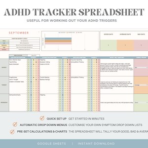 May include: A printable ADHD tracker spreadsheet for September. The spreadsheet includes sections for symptom severity levels, inattention symptoms, hyperactive symptoms, impulsive symptoms, notes, well-sleep days, and overall feeling. The spreadsheet has a green, yellow, and orange color scheme. The text "ADHD Tracker Spreadsheet" is at the top of the page. The text "Useful for working out your ADHD triggers" is below the title. The text "September" is in a box at the top of the spreadsheet. The text "Quick Set Up Get Started in Minutes" is at the bottom of the page. The text "Automatic Drop Down Menus Customize Your Own Symptom Drop Down Lists" is below the first line of text. The text "Pre-Set Calculations & Charts The Spreadsheet Will Tally Your Good, Bad & Average Days" is below the second line of text. The text "Google Sheets Instant Download" is at the bottom of the page.