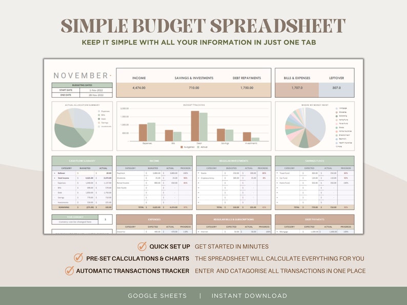 K&ouml;nnte beinhalten: Eine einfache Budget-Tabellenvorlage f&uuml;r Google Sheets. Die Tabelle enth&auml;lt Abschnitte f&uuml;r Einkommen, Ersparnisse, Schuldenr&uuml;ckzahlungen, Rechnungen und Ausgaben sowie Restbetr&auml;ge. Die Vorlage enth&auml;lt auch voreingestellte Berechnungen und Diagramme sowie einen automatischen Transaktions-Tracker. Die Vorlage soll Benutzern helfen, ihre Finanzen im Auge zu behalten und fundierte Finanzentscheidungen zu treffen.
