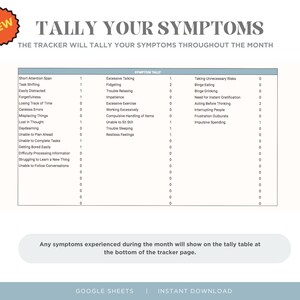 May include: A printable checklist for tracking symptoms throughout the month. The checklist includes a tally table with common symptoms such as short attention span, excessive talking, fidgeting, trouble relaxing, impatience, taking unnecessary risks, binge eating, binge drinking, need for instant gratification, acting before thinking, interrupting people, frustration outbursts, and impulsive spending.