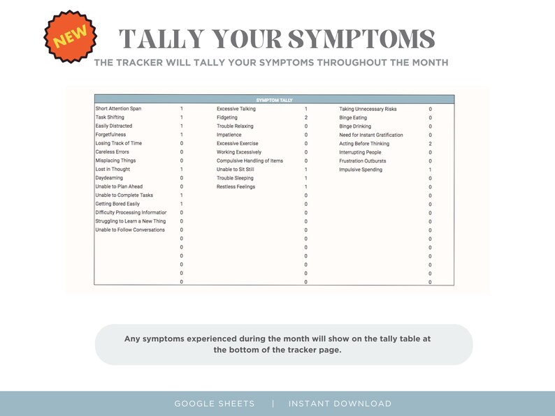 May include: A printable checklist for tracking symptoms throughout the month. The checklist includes a tally table with common symptoms such as short attention span, excessive talking, fidgeting, trouble relaxing, impatience, taking unnecessary risks, binge eating, binge drinking, need for instant gratification, acting before thinking, interrupting people, frustration outbursts, and impulsive spending.