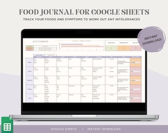 Op de afbeelding: Een laptopcomputer die een Google Sheet-spreadsheet toont met de titel "Food Journal for Google Sheets". De spreadsheet is ontworpen om voedselconsumptie en symptomen bij te houden om te helpen bij het identificeren van voedselintoleranties. De spreadsheet bevat een kalender voor september, een tabel voor het loggen van voedsel en symptomen, en een sectie voor het bijhouden van goede, gemiddelde en slechte dagen. De spreadsheet is beschikbaar voor directe download.