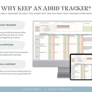 May include: A digital illustration of a computer screen and a tablet showing a spreadsheet with the title "WHY KEEP AN ADHD TRACKER?" and the text "USE A TRACKER TO HELP YOU WORK OUT THE FACTORS THAT TRIGGER SYMPTOMS". The spreadsheet is divided into sections titled "WORK OUT YOUR TRIGGERS", "TRACK YOUR SYMPTOMS", and "SEE AN OVERALL SUMMARY". The spreadsheet is designed to help people with ADHD track their symptoms and identify triggers.