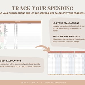 May include: A pink and white printable spreadsheet template for tracking spending. The template includes sections for logging transactions, allocating to categories, and pre-set calculations. The text "TRACK YOUR SPENDING" is at the top of the page. The text "LOG YOUR TRANSACTIONS AND LET THE SPREADSHEET CALCULATE YOUR PROGRESS" is below the title. The text "GOOGLE SHEETS | INSTANT DOWNLOAD" is at the bottom of the page.