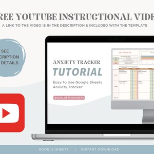 May include: A laptop computer screen displaying a Google Sheets anxiety tracker template. The screen shows a tutorial for the template, which is titled "Anxiety Tracker Tutorial". The text "Easy to Use Google Sheets Anxiety Tracker" is also displayed on the screen. The template is designed to help users track their anxiety levels and identify potential triggers. The template includes a calendar, a list of potential triggers, and a section for users to record their anxiety levels. The template is available for instant download. The text "GOALGETTERSHEETS" is also displayed on the screen.