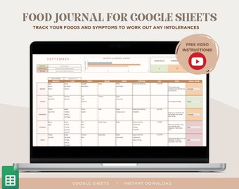 Op de afbeelding: Een laptopscherm waarop een Google Sheet-sjabloon voor een voedseljournaal wordt weergegeven. De sjabloon is ontworpen om voedselinname en symptomen bij te houden om te helpen bij het identificeren van mogelijke voedselintoleranties. De sheet bevat kolommen voor datum, maaltijd, voedingsmiddelen, symptomen, tijd, notities en algemeen gevoel. De sheet is getiteld "Voedseljournaal voor Google Sheets" en bevat de tekst "Volg uw voedsel en symptomen om eventuele intoleranties te achterhalen". De sheet is voor de maand september. Een afspeelknop-pictogram wordt weergegeven met de tekst "Gratis video-instructies!"