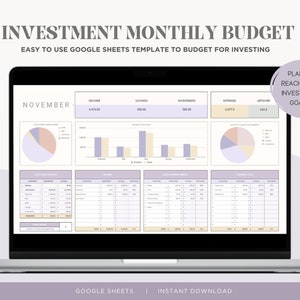 May include: A laptop computer displaying a Google Sheets spreadsheet template for budgeting and investing. The spreadsheet is titled "Investment Monthly Budget" and includes sections for income, savings, investments, expenses, and leftover funds. The spreadsheet also includes charts and graphs to visualise financial data. The template is designed to help users plan and track their investments.
