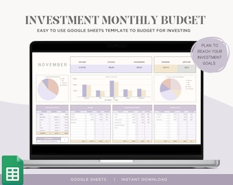 Op de afbeelding: Een laptopcomputer waarop een Google Sheets-spreadsheet-sjabloon voor budgettering en beleggen wordt weergegeven. De spreadsheet heeft de titel "Investment Monthly Budget" en bevat secties voor inkomsten, besparingen, beleggingen, uitgaven en overgebleven fondsen. De spreadsheet bevat ook grafieken en diagrammen om financiële gegevens te visualiseren. De sjabloon is ontworpen om gebruikers te helpen bij het plannen en volgen van hun beleggingen.