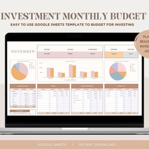May include: A laptop screen displaying a Google Sheets template for an investment monthly budget. The template includes sections for income, savings, investments, expenses, and a "Plan to Reach Your Investment Goals" section. The template is designed to help users track their finances and plan for their investment goals.