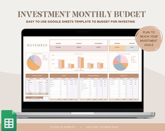 Op de afbeelding: Een laptopscherm met een Google Sheets-sjabloon voor een maandelijks investeringsbudget. Het sjabloon bevat secties voor inkomsten, besparingen, investeringen, uitgaven en een sectie "Plan om uw investeringsdoelen te bereiken". Het sjabloon is ontworpen om gebruikers te helpen hun financiën bij te houden en hun investeringsdoelen te plannen.