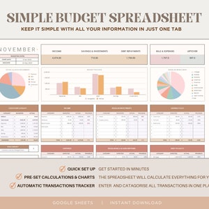 May include: A simple budget spreadsheet template for Google Sheets. The spreadsheet includes sections for income, savings, debt repayments, bills and expenses, and leftover. The template also includes charts and graphs to visualise your budget.