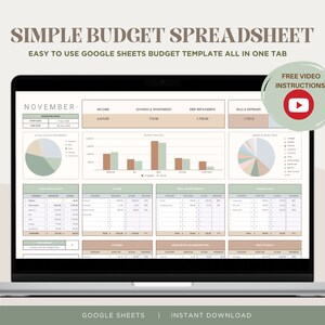 K&ouml;nnte beinhalten: Ein Laptop-Computer zeigt eine Google Sheets-Budget-Tabellenvorlage an. Die Tabelle tr&auml;gt den Titel "Simple Budget Spreadsheet" und enth&auml;lt Abschnitte f&uuml;r Einkommen, Ersparnisse, Schuldenr&uuml;ckzahlungen, Rechnungen und Ausgaben sowie Diagramme. Die Vorlage ist f&uuml;r die Verwendung im November konzipiert.