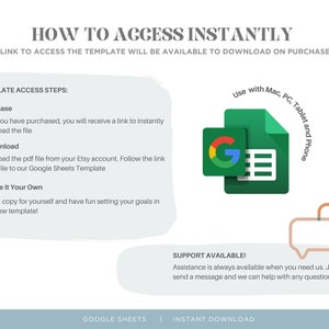 May include: A graphic with instructions on how to access a Google Sheets template. The graphic includes a green Google Sheets icon, a speech bubble with the text "SUPPORT AVAILABLE!" and the text "Assistance is always available when you need us. Just send a message and we can help with any questions."