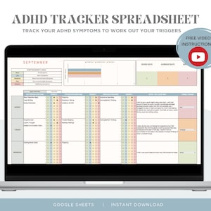 May include: A Google Sheets spreadsheet for tracking ADHD symptoms. The spreadsheet is titled "ADHD Tracker Spreadsheet" and includes a section for tracking symptoms in September. The spreadsheet also includes a section for tracking good days, average days, and bad days. The spreadsheet is designed to help users track their ADHD symptoms and identify potential triggers.