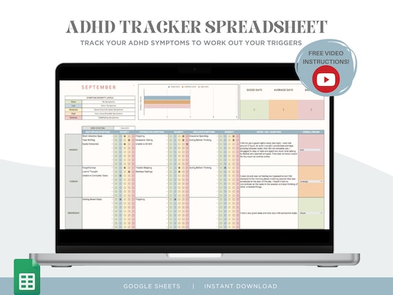 ADHD Tracker Spreadsheet: Daily Symptoms & Triggers - Google Sheets (Digital Download)