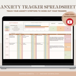 May include: A Google Sheets spreadsheet template for tracking anxiety symptoms. The spreadsheet includes sections for physical symptoms, emotional symptoms, notes, and overall feelings. The spreadsheet is titled "Anxiety Tracker Spreadsheet" and includes the text "Track your anxiety symptoms to work out your triggers".