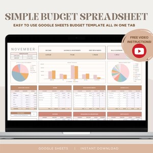 May include: A laptop computer displaying a Google Sheets budget spreadsheet template. The spreadsheet is titled "Simple Budget Spreadsheet" and is designed for use in November. The spreadsheet includes sections for income, savings and investments, debt repayments, and bills and expenses. The spreadsheet also includes charts and graphs to visualise the data.