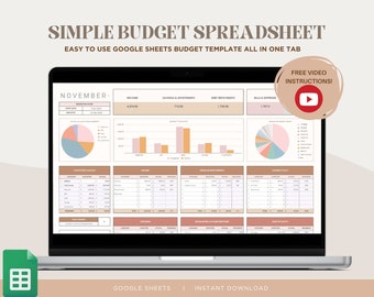 Könnte beinhalten: Ein Laptop-Computer zeigt eine Google Sheets-Budget-Tabellenvorlage an. Die Tabelle trägt den Titel "Simple Budget Spreadsheet" und ist für die Verwendung im November konzipiert. Die Tabelle enthält Abschnitte für Einkommen, Ersparnisse und Investitionen, Schuldenrückzahlungen sowie Rechnungen und Ausgaben. Die Tabelle enthält auch Diagramme und Grafiken, um die Daten zu visualisieren.