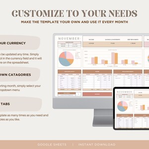 May include: A computer screen and tablet display a Google Sheets template for budgeting. The template is customisable and includes sections for income, savings, debt repayment, and bills and expenses. The template is designed in a minimalist style with a neutral colour palette of beige, brown, and light blue.