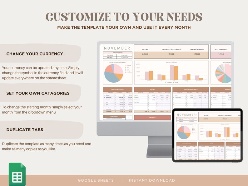 May include: A computer screen and tablet display a Google Sheets template for budgeting. The template is customisable and includes sections for income, savings, debt repayment, and bills and expenses. The template is designed in a minimalist style with a neutral colour palette of beige, brown, and light blue.