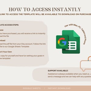 May include: A graphic with instructions on how to access a Google Sheets template instantly after purchase. The graphic includes a green Google Sheets icon, a speech bubble with the text "SUPPORT AVAILABLE!" and the text "Assistance is always available when you need us. Just send a message and we can help with any questions."