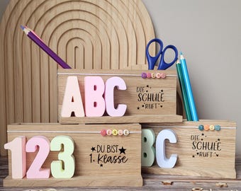 Geschenk zur Einschulung * Personalisierter Stiftehalter * Holz * Schulkind * 123 * ABC * Mitbringsel * Keramikgießmasse *pastell