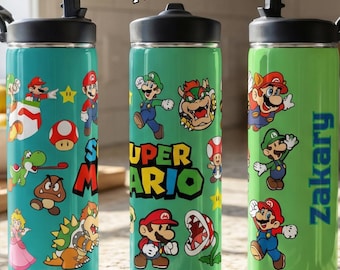 Personalised 20oz Kids Water Bottle Mario | Custom Name Stainless Steel Bottle