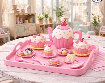 Tea Break Playset, 3D Printable Pink Play Kit, Cupcake Tea Play Lab, 3MF STL 3D Print File, 3D Download