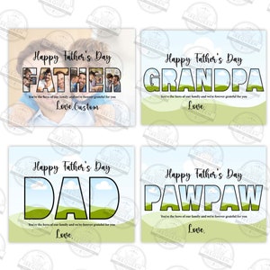 May include: Four printable Father's Day cards with different titles: "Father", "Grandpa", "Dad", and "Pawpaw". Each card features a green and blue landscape with white clouds and the title in large, bold letters. The text "You're the hero of our family and we're forever grateful for you" appears below each title, along with the word "Love."