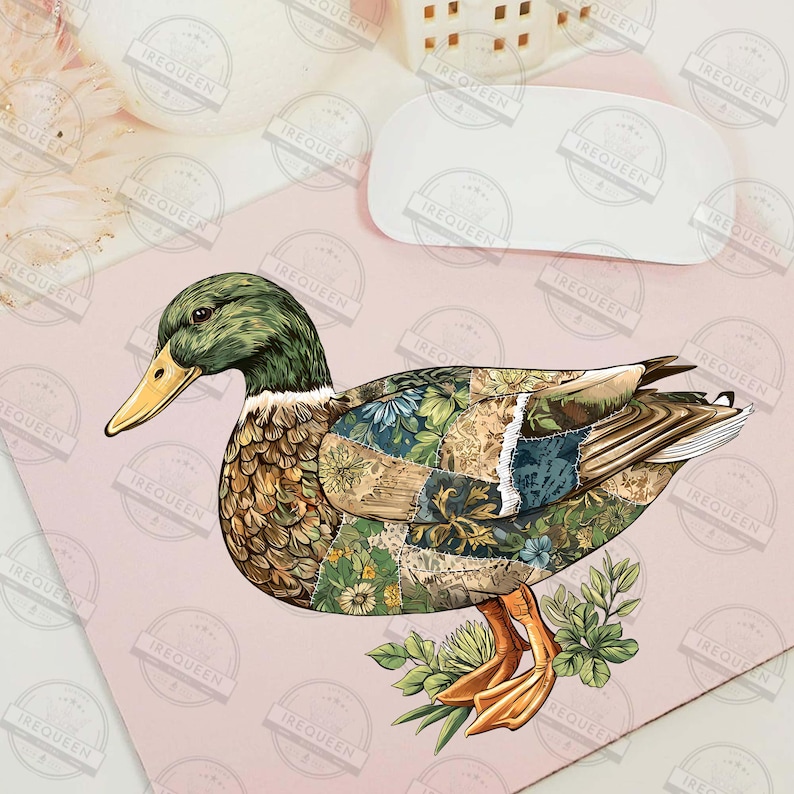 May include: A detailed illustration of a duck with a patchwork design. The duck features a green head, yellow beak, and a body composed of floral and patterned fabric patches. The duck is standing on green foliage.