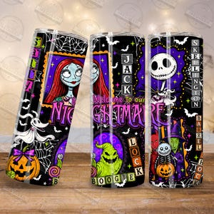 May include: A cylindrical tumbler featuring a colorful graphic print of characters from The Nightmare Before Christmas, including Sally, Jack Skellington, Zero, Oogie Boogie, Lock, Shock, and Barrel, with text elements reading Jack Skellington, Lock, and Nightmare.