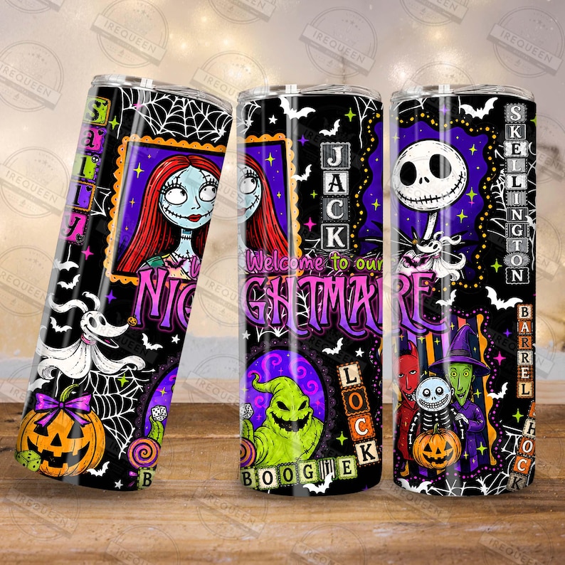 May include: A cylindrical tumbler featuring a colorful graphic print of characters from The Nightmare Before Christmas, including Sally, Jack Skellington, Zero, Oogie Boogie, Lock, Shock, and Barrel, with text elements reading Jack Skellington, Lock, and Nightmare.