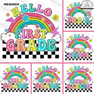 Hello Back to School Png Bundle, Pencil Rainbow Png, Retro Teacher png, Bright Dalmatian Dots, Pre-K 1st/2nd/3rd Grade, Digital File
