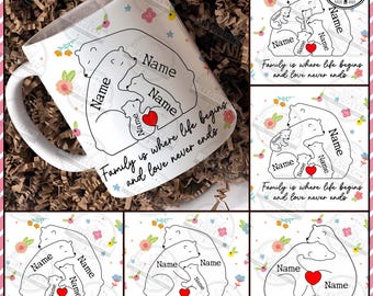 Anpassad upp till 7 barn Mama Bear 3D uppblåst muggomslag, Mama 11oz muggmall, Mamma blommig 11oz mugg Png, Mors dag kaffemuggar, digital fil
