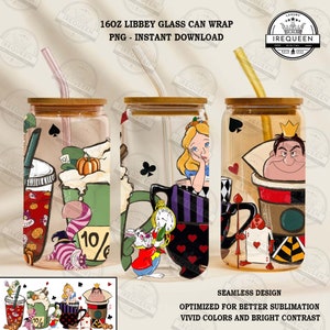Halloween Coffee Cartoon Glass Can PNG Sublimacja Projekt, Wonderland 16 Oz Libbey Glass Can Wrap Szablon, Plik Cyfrowy