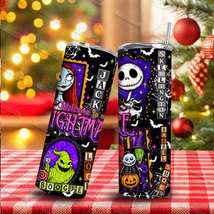 May include: Two cylindrical tumblers with lids and straws featuring The Nightmare Before Christmas characters. The black designs include Jack Skellington, Sally, Oogie Boogie, and Lock, Shock, and Barrel with purple, green, and white accents.