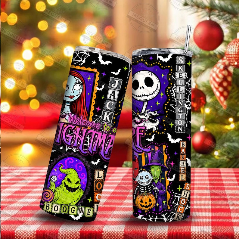 May include: Two cylindrical tumblers with lids and straws featuring The Nightmare Before Christmas characters. The black designs include Jack Skellington, Sally, Oogie Boogie, and Lock, Shock, and Barrel with purple, green, and white accents.