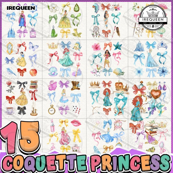 15 Coquette Princess Png Bundle, Coquette Bow Mermaid Png, Red Hair Princess Png, Pink Bow Png, Cartoon Princesses Png, Digital File