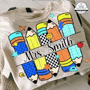Checkered Pencil Name Custom Png, Back To School Boy Shirt Design, Preppy First Day School Png, Custom Name Of Teacher Png, Digital File