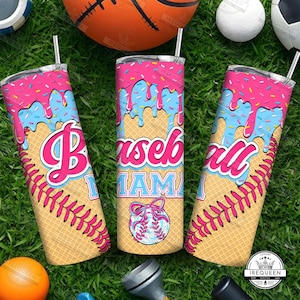 May include: Three stainless steel tumblers with a baseball theme. The tumblers are decorated with a pink and blue waffle cone design, sprinkles, and the words "Baseball Mama".